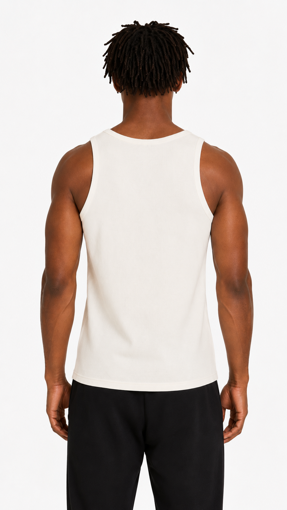 White ribbed slim fit tank top for men with LaFrancé logo, styled on a male model against a clean white background.