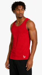 Male model wearing a red ribbed slim fit tank top with LaFrancé logo, photographed on a clean white background.