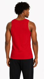 Male model wearing a red ribbed slim fit tank top with LaFrancé logo, photographed on a clean white background.