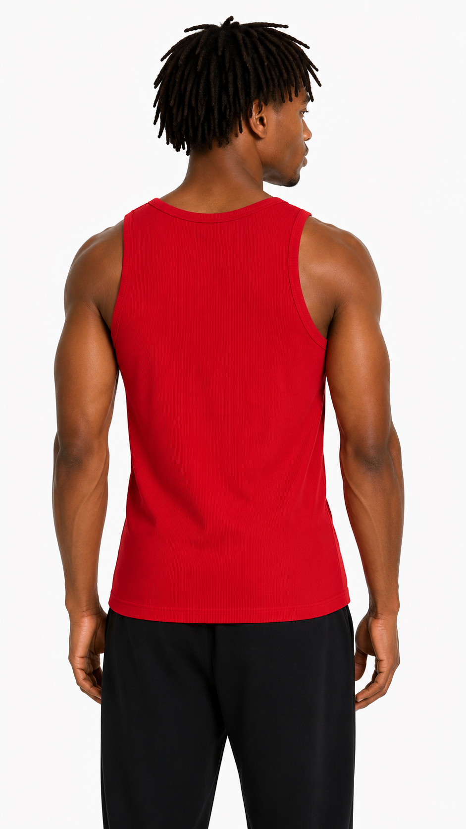Male model wearing a red ribbed slim fit tank top with LaFrancé logo, photographed on a clean white background.