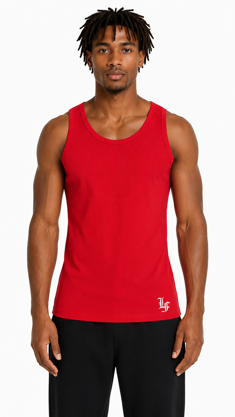 Male model wearing a red ribbed slim fit tank top with LaFrancé logo, photographed on a clean white background.
