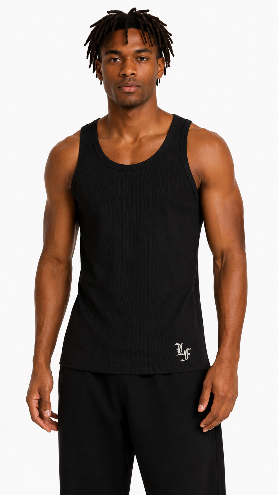 Male model wearing a black ribbed slim fit tank top with LaFrancé logo on a clean white studio background.