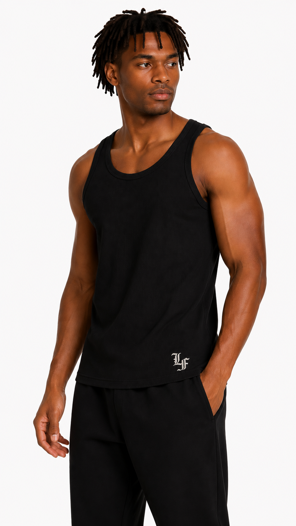 Male model wearing a black ribbed slim fit tank top with LaFrancé logo on a clean white studio background.