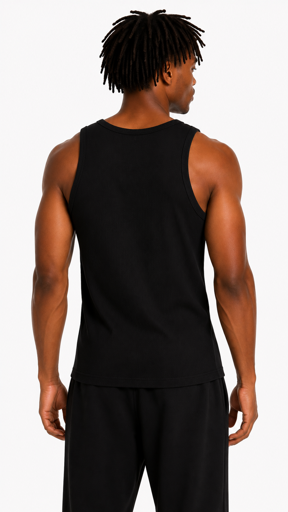 Male model wearing a black ribbed slim fit tank top with LaFrancé logo on a clean white studio background.
