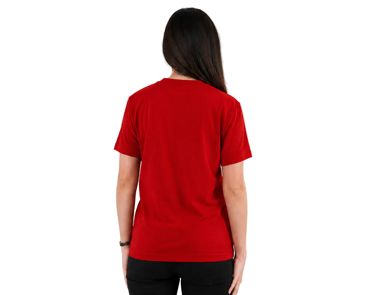 A woman viewed from behind wearing a solid red short-sleeve crewneck t-shirt and black pants, standing against a plain light gray studio background.