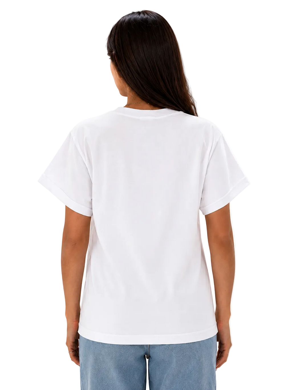 A woman viewed from the back wearing a plain white short-sleeve crewneck T-shirt and light blue jeans against a clean white background.