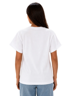 A woman viewed from the back wearing a plain white short-sleeve crewneck T-shirt and light blue jeans against a clean white background.