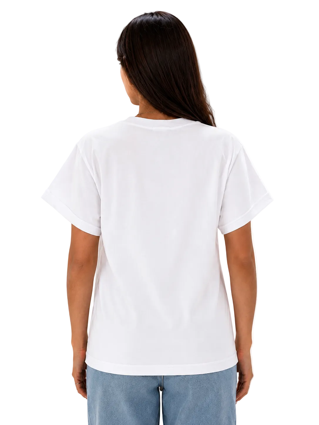 A woman viewed from the back wearing a plain white short-sleeve crewneck T-shirt and light blue jeans against a clean white background.
