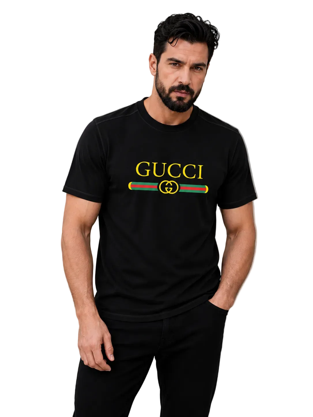 A man wearing a black Gucci t-shirt with a yellow logo and green and red stripe detail on the chest, posed against a neutral gray background.