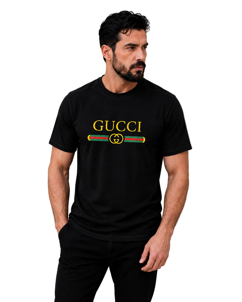A man wearing a black Gucci t-shirt with a yellow logo and green and red double G emblem on the chest, posed against a neutral gray studio background.