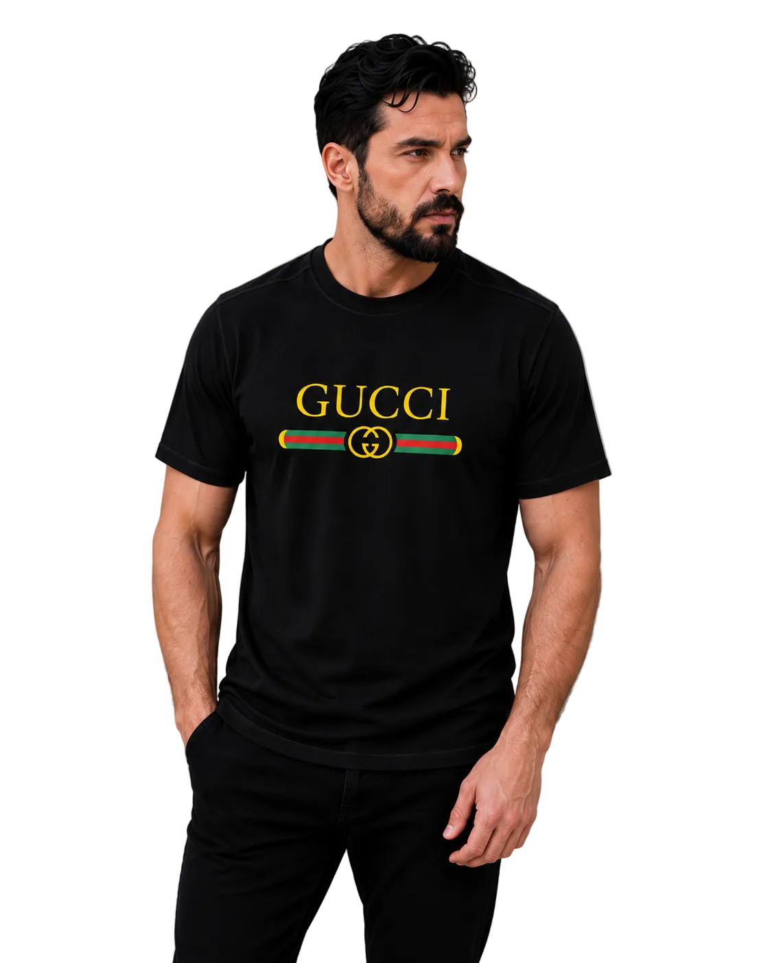 A man wearing a black Gucci t-shirt with a yellow logo and green and red double G emblem on the chest, posed against a neutral gray studio background.