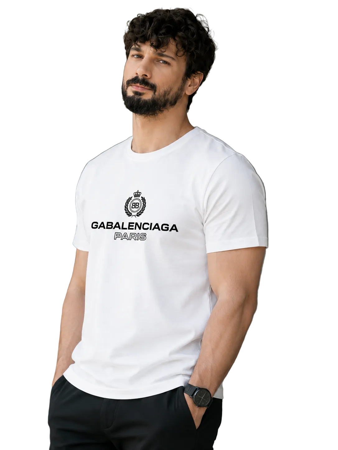 A man wearing a white short-sleeve crewneck t-shirt with a black Balenciaga logo and text on the chest, paired with black pants, standing in front of a modern building background.