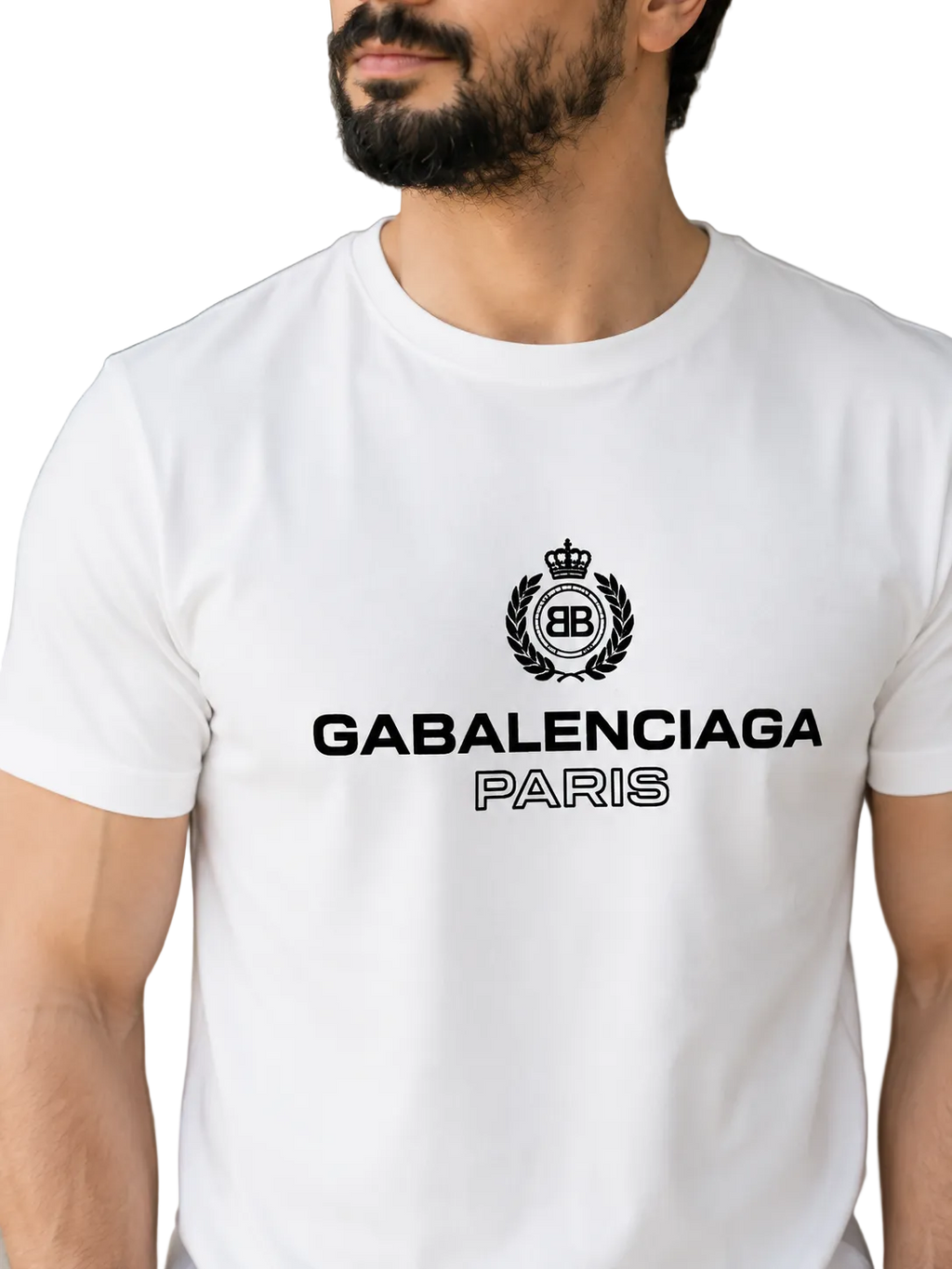 A man wearing a white short-sleeve crewneck t-shirt with a black GABALENCIAGA PARIS logo printed on the chest, shown in a close-up shot.