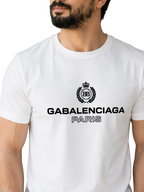 A man wearing a white short-sleeve crewneck t-shirt with a black GABALENCIAGA PARIS logo printed on the chest, shown in a close-up shot.