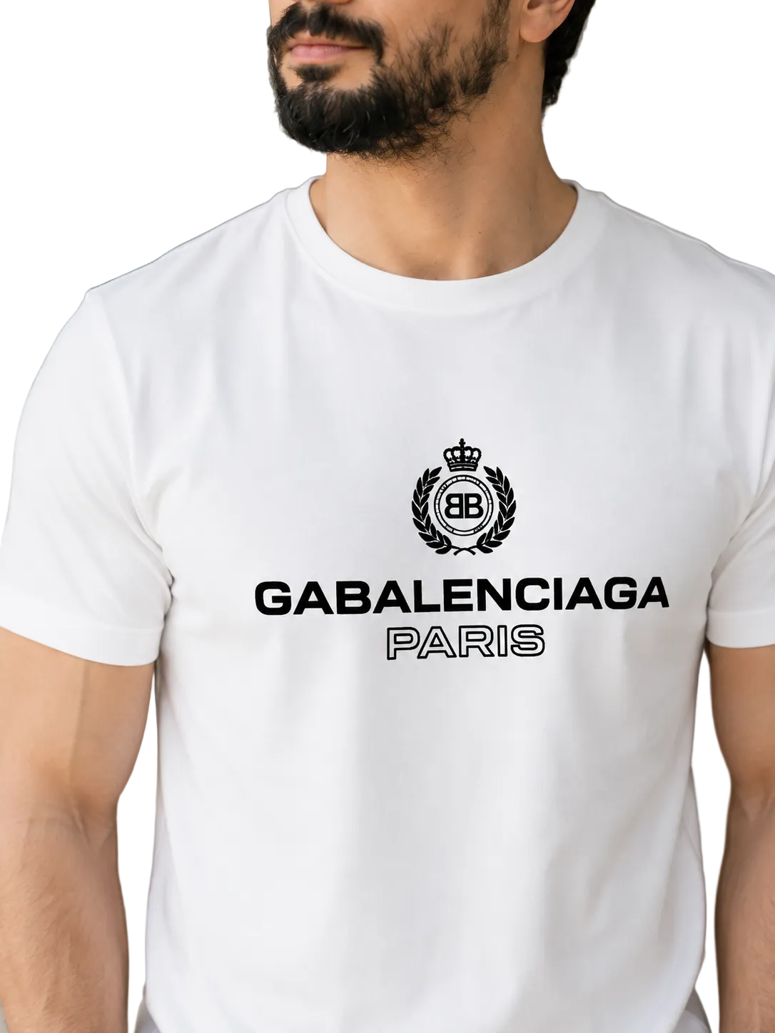 A man wearing a white short-sleeve crewneck t-shirt with a black GABALENCIAGA PARIS logo printed on the chest, shown in a close-up shot.