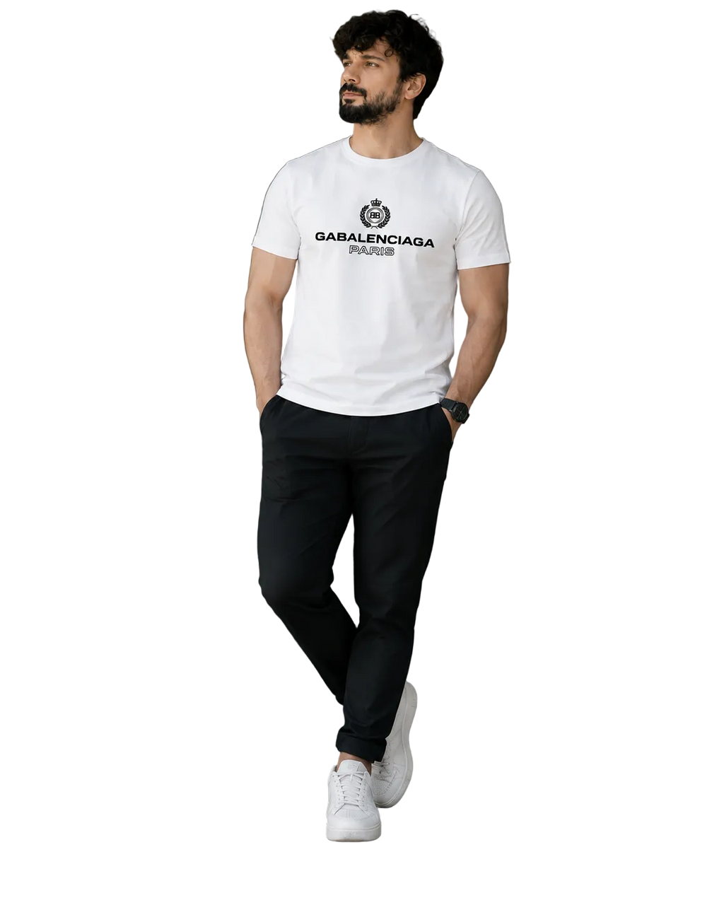 A man wearing a white Balenciaga t-shirt with black joggers and white sneakers, walking in a modern indoor setting with a glass wall and staircase.