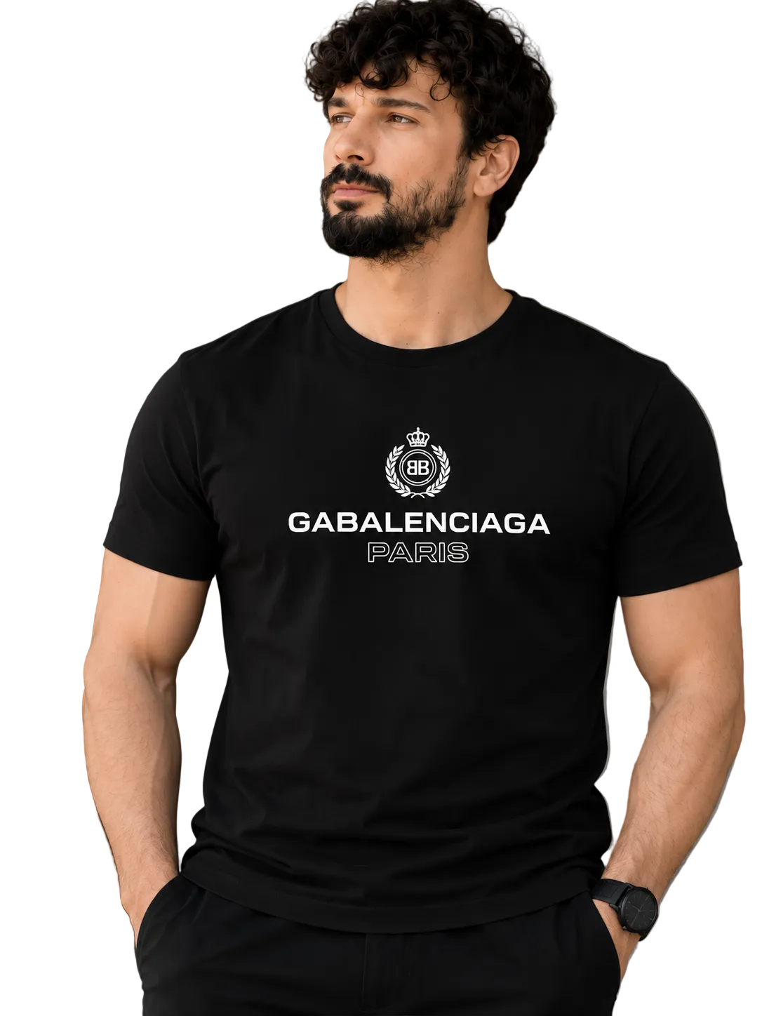 A man wearing a black Balenciaga Paris t-shirt with a white printed logo and text on the chest, standing in front of a neutral gray background.