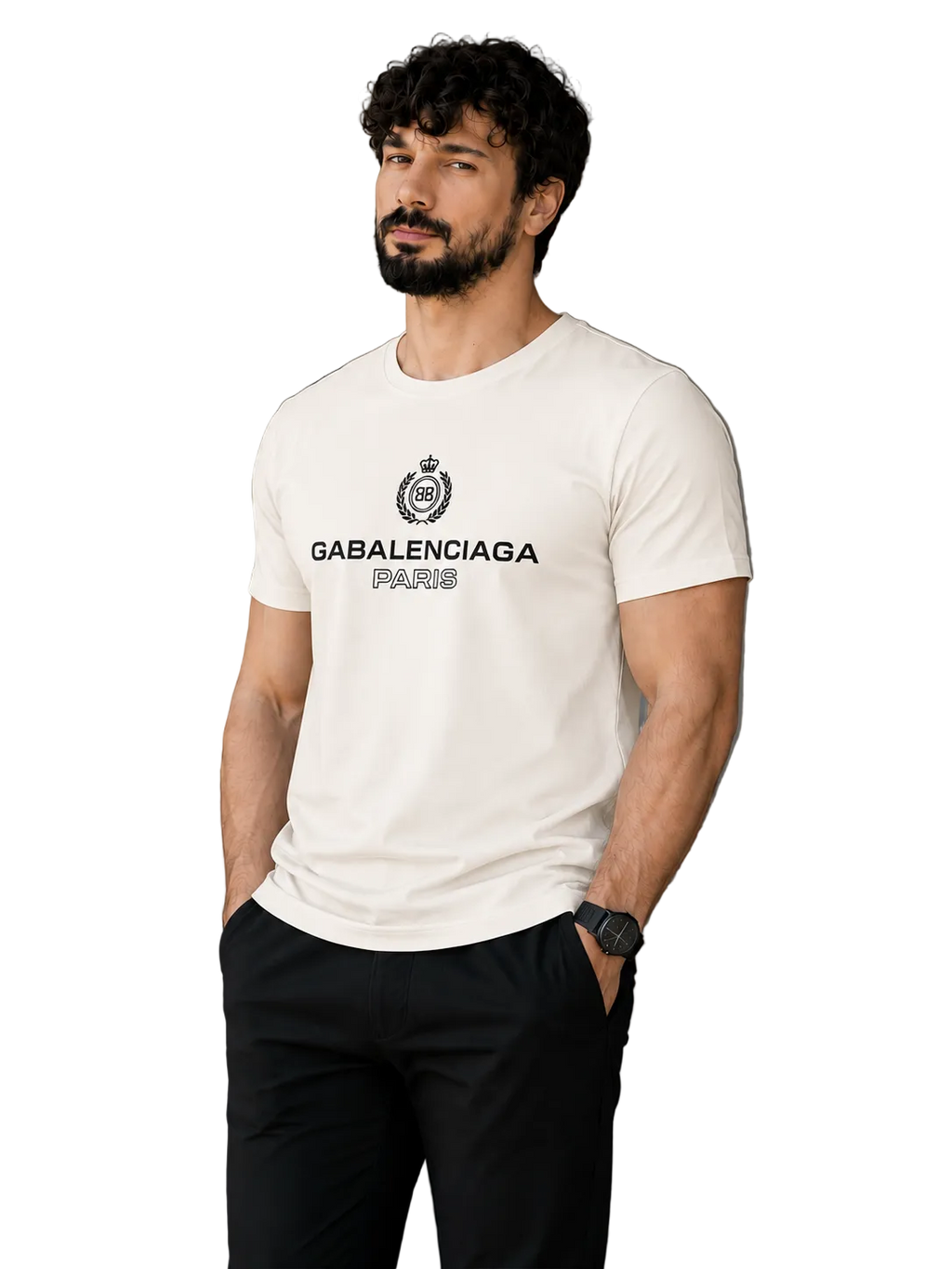 A man wearing a white Balenciaga Paris t-shirt with a black graphic logo on the chest, paired with black pants, standing in front of a modern gray wall.