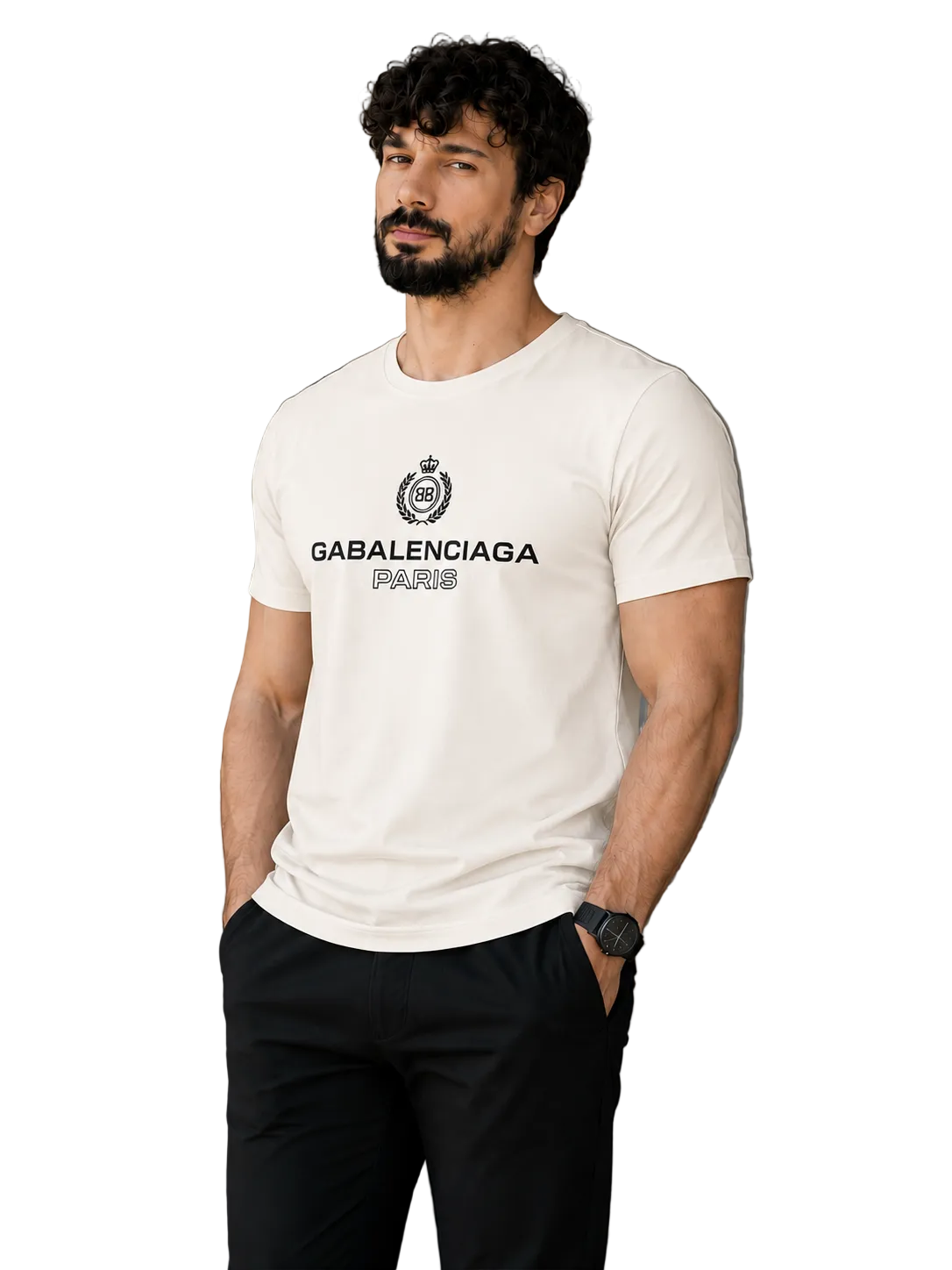 A man wearing a white Balenciaga Paris t-shirt with a black graphic logo on the chest, paired with black pants, standing in front of a modern gray wall.