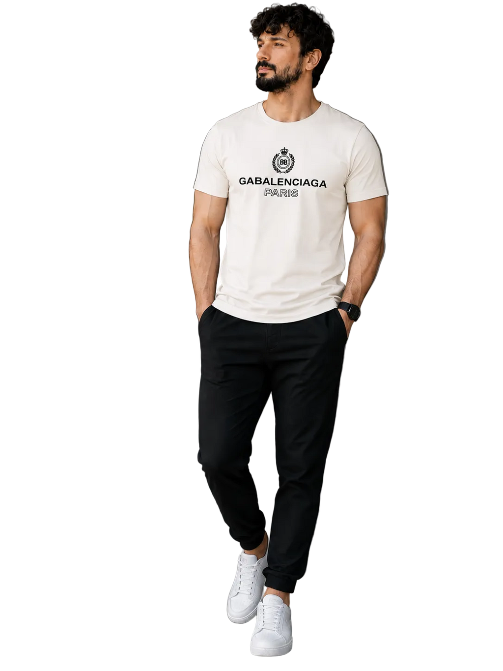 A man wearing a white crew-neck t-shirt with a black 'GABALENCIAGA PARIS' logo, paired with black pants and white sneakers, standing in a modern indoor setting.