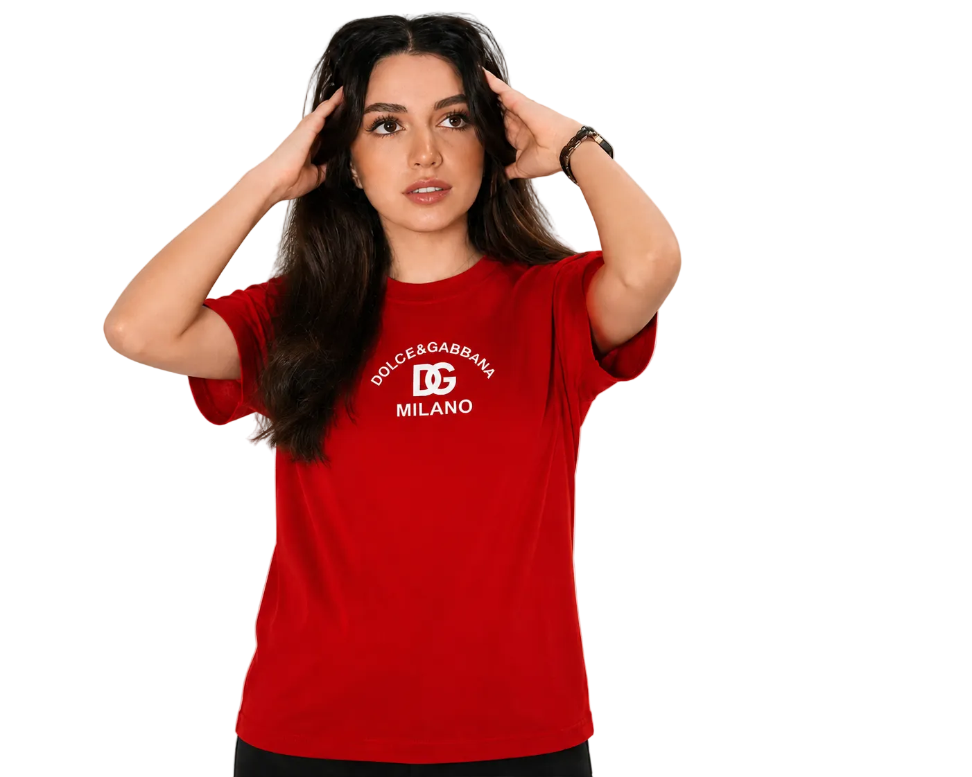 A woman modeling a red short-sleeve t-shirt with a white printed 'DOLCE&GABBARAGA DC MILANO' logo on the chest, set against a plain light gray background.