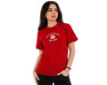 A woman modeling a red short-sleeve t-shirt with a white printed Dolce & Gabbana Milano logo on the chest, set against a plain light gray background.