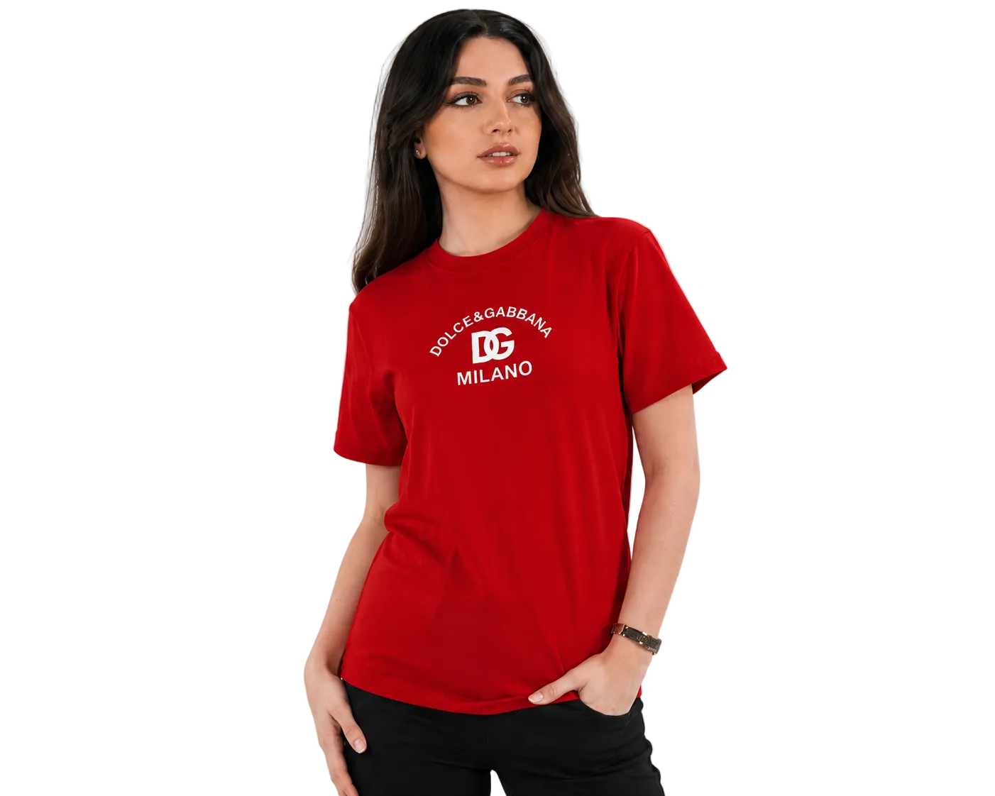 A woman modeling a red short-sleeve t-shirt with a white printed Dolce & Gabbana Milano logo on the chest, set against a plain light gray background.
