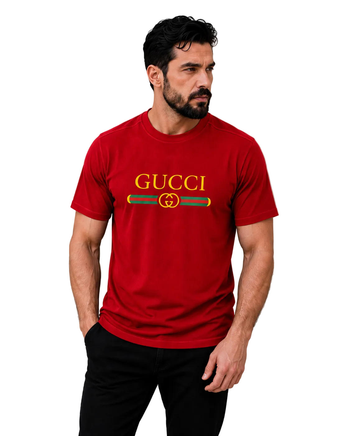 A man wearing a red short-sleeve t-shirt with a yellow and green Gucci logo printed across the chest, paired with black pants, set against a plain gray studio background.