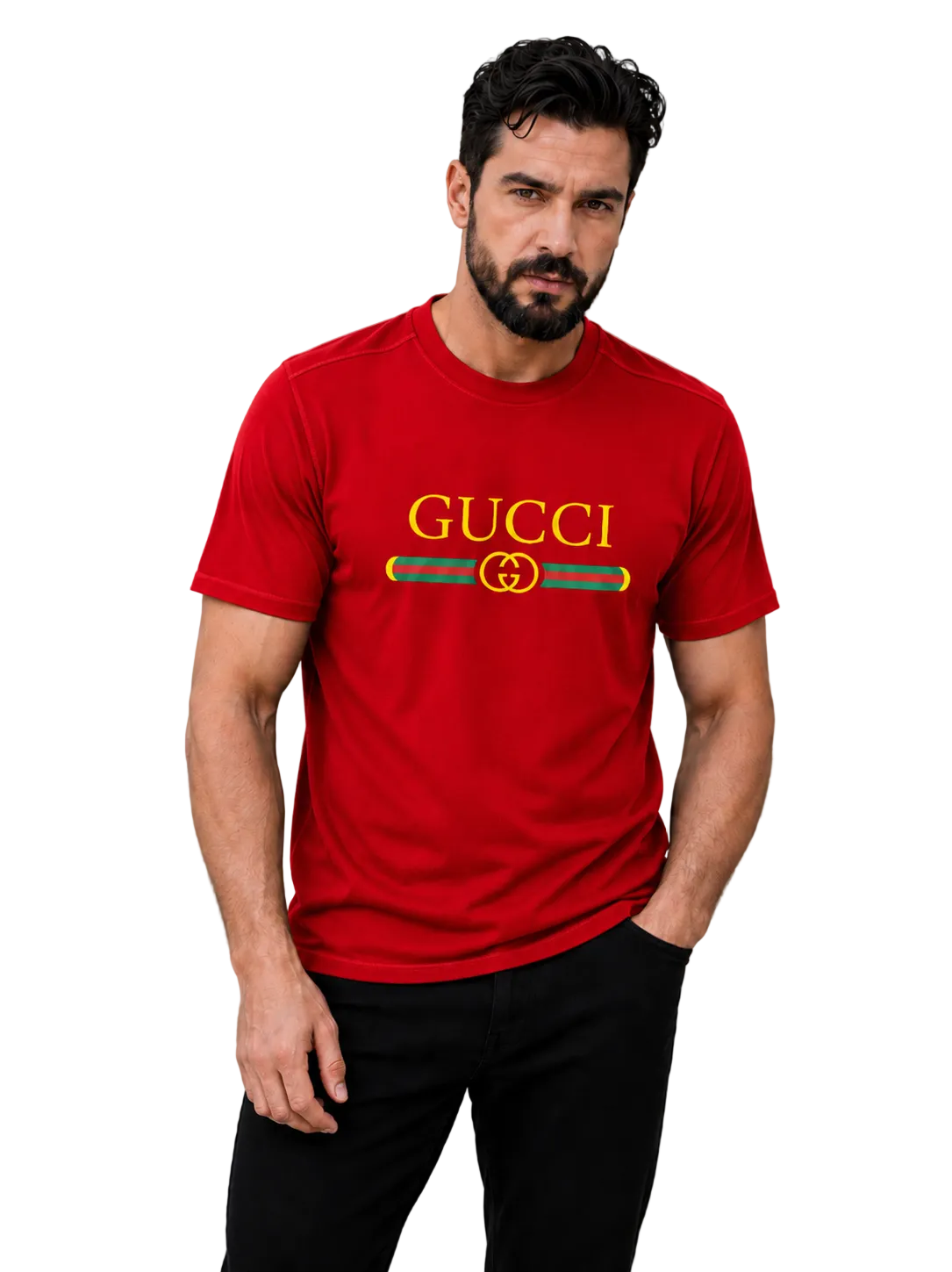A man wearing a red short-sleeve Gucci t-shirt with a yellow and green logo graphic on the chest, paired with black pants, against a plain gray studio background.