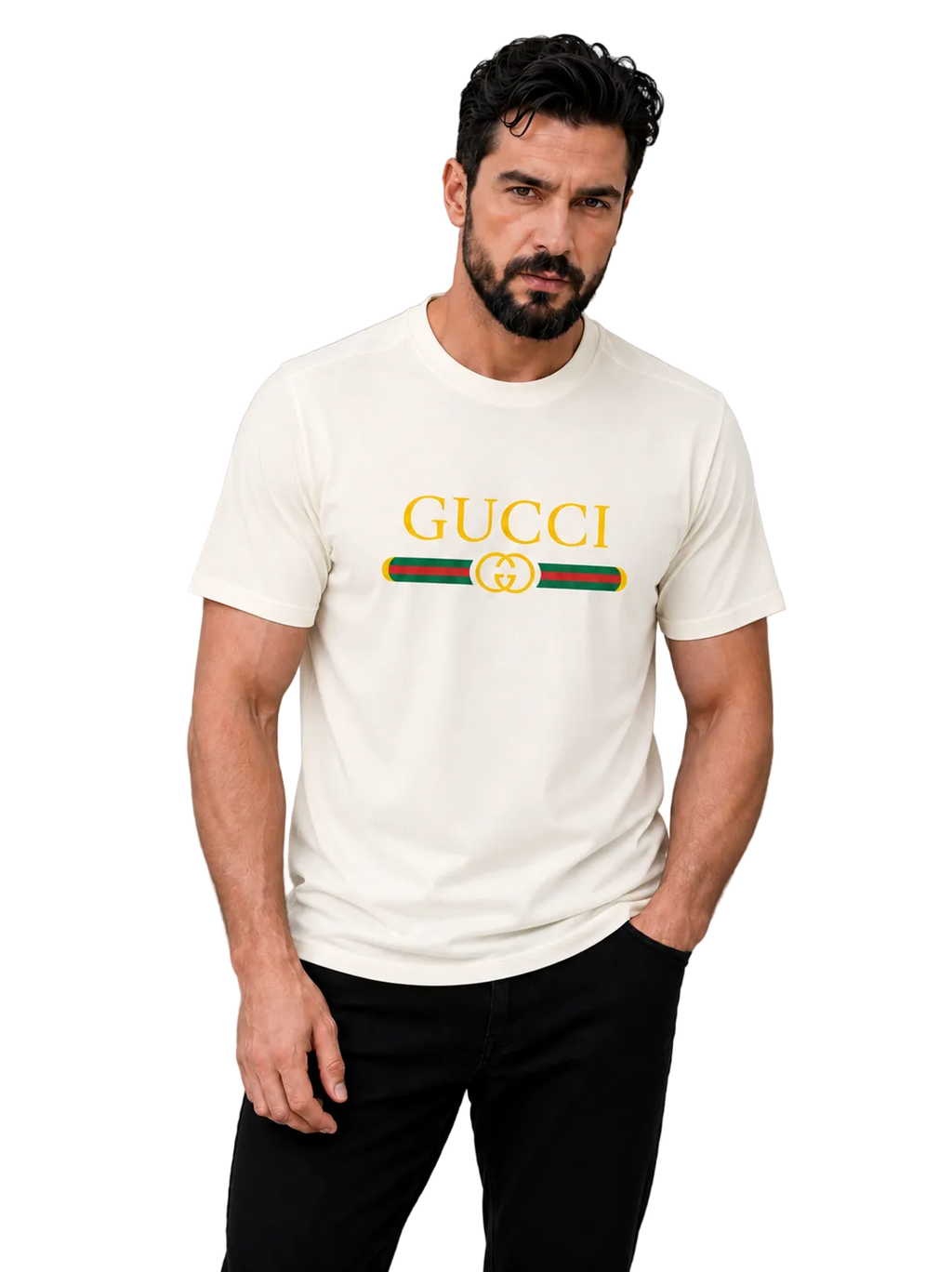A man wearing a cream-colored Gucci t-shirt with a yellow logo and green and red stripe detail, paired with black pants, against a solid gray studio background.