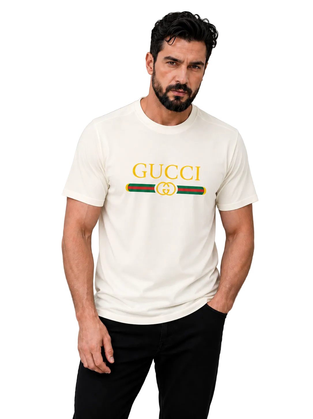 A man wearing a cream-colored Gucci t-shirt with a yellow logo and green and red stripe detail, paired with black pants, against a solid gray studio background.