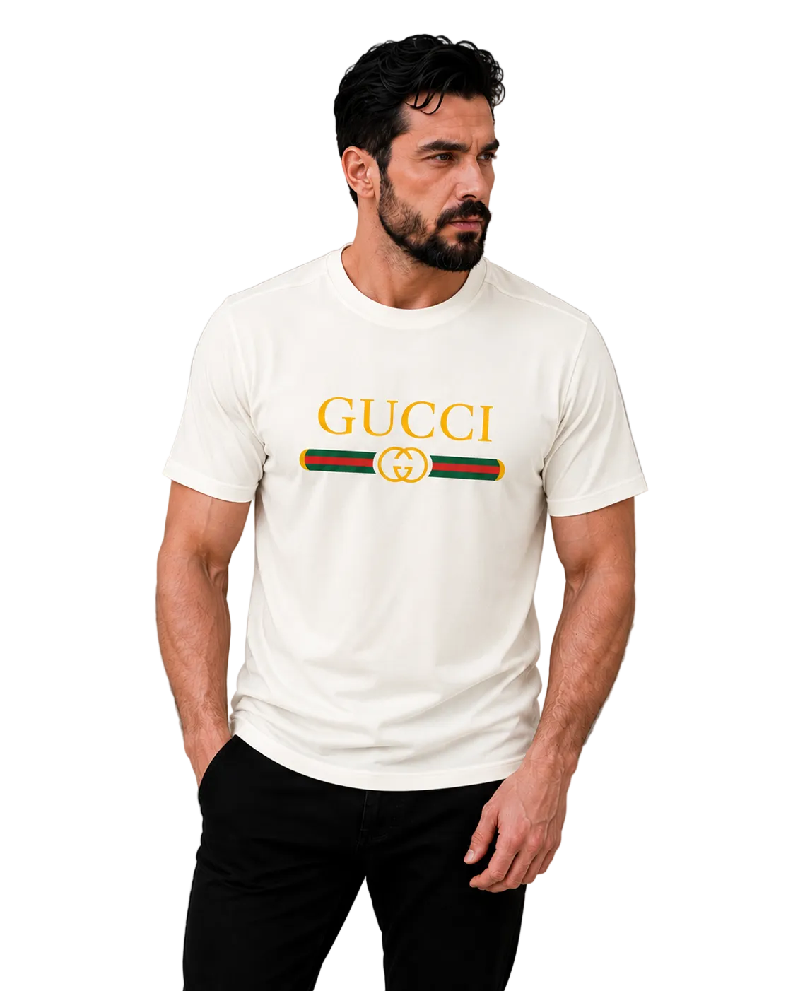 A man wearing a cream-colored Gucci t-shirt with a yellow logo and the classic green and red web stripe, paired with black pants, against a neutral gray background.