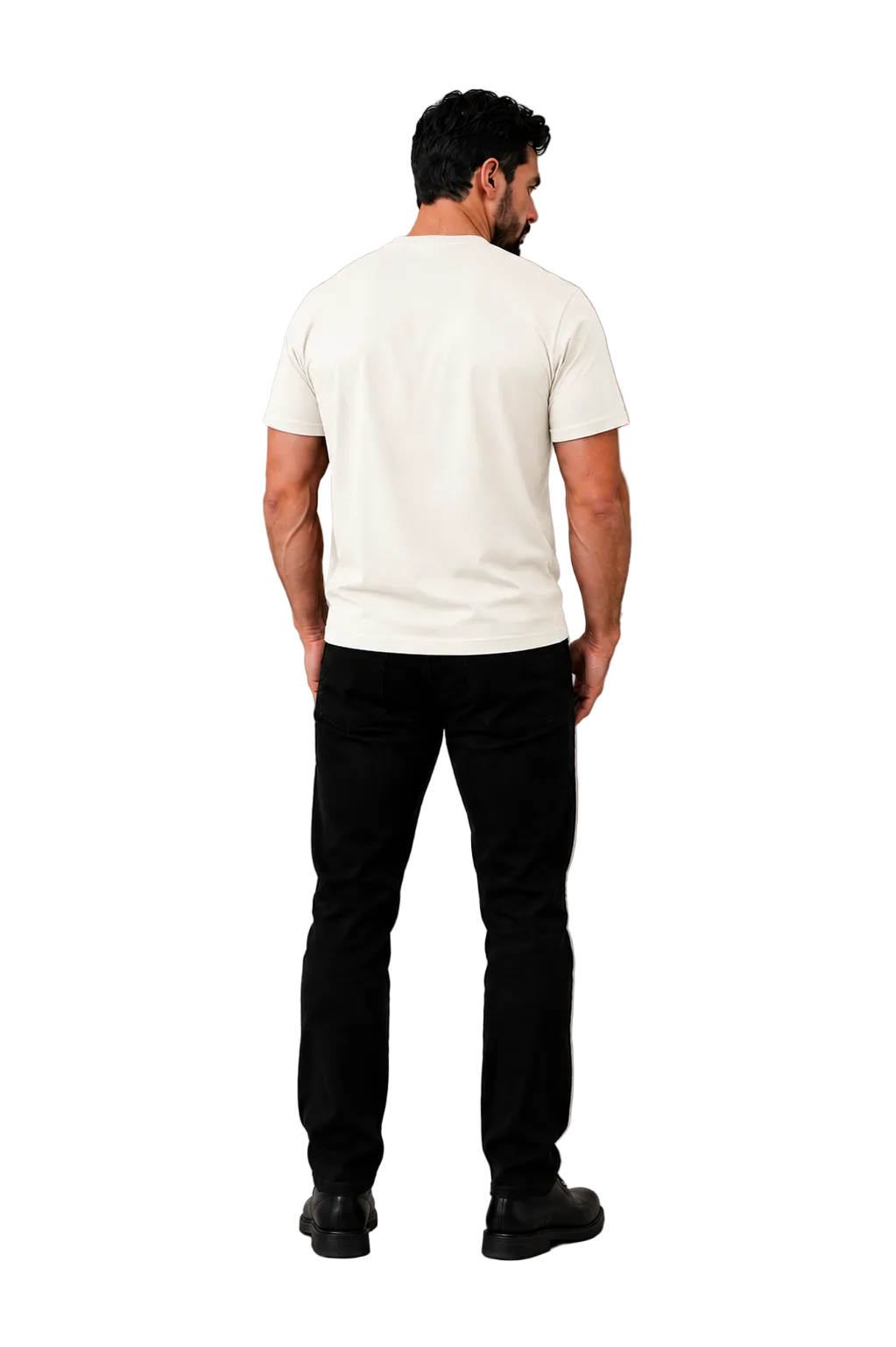 A man viewed from behind wearing a plain white short-sleeve t-shirt and black pants, standing against a neutral gray studio background with soft shadow patterns.