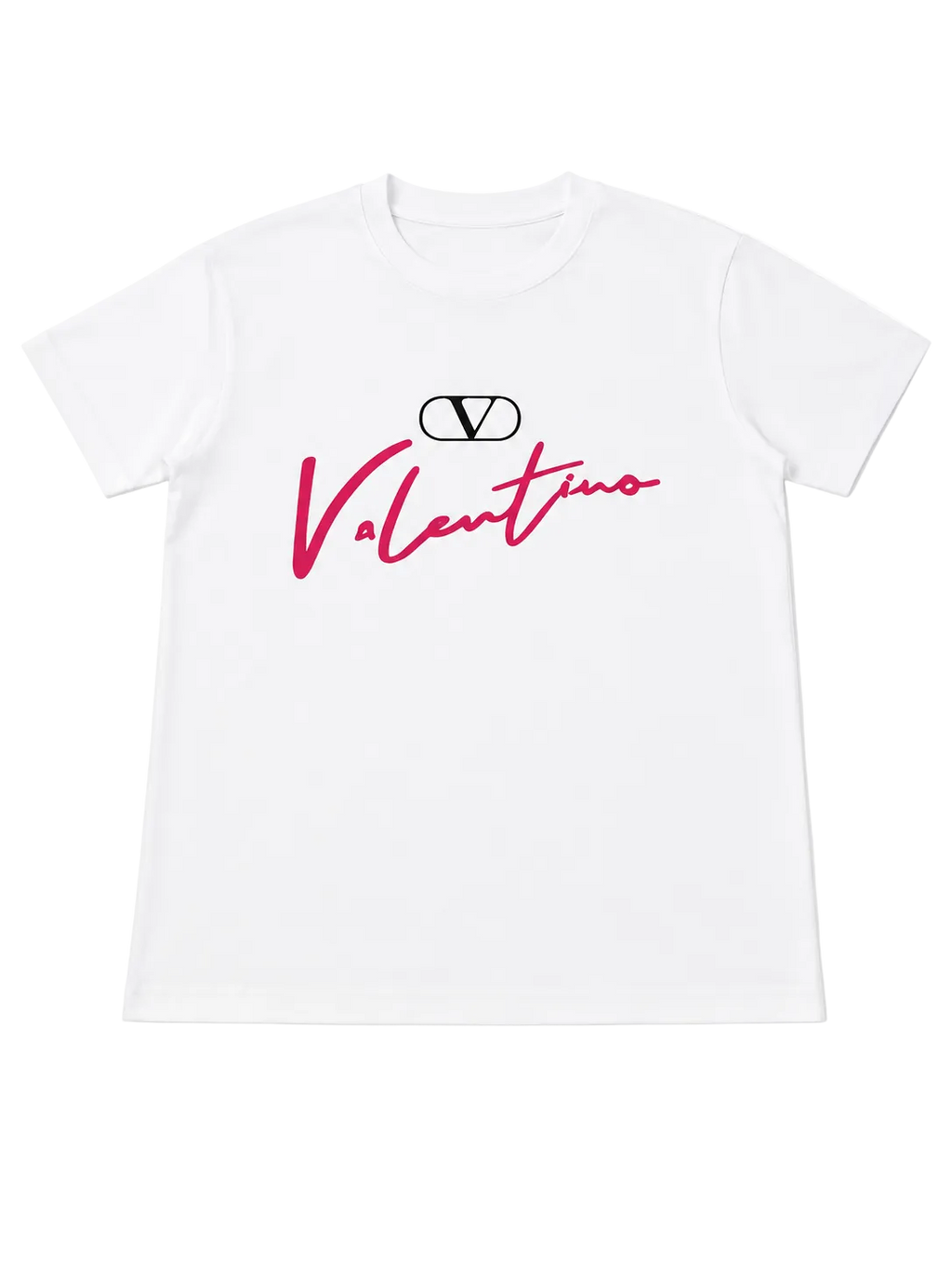 A white short-sleeve crewneck t-shirt featuring a pink Valentino script logo and a black interlocking V logo printed on the chest, displayed against a clean white background.