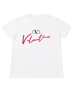 A white short-sleeve crewneck t-shirt featuring a pink Valentino script logo and a black interlocking V logo printed on the chest, displayed against a clean white background.