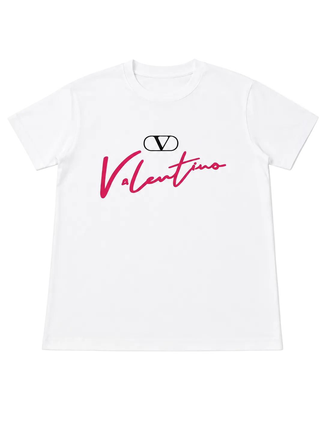A white short-sleeve crewneck t-shirt featuring a pink Valentino script logo and a black interlocking V logo printed on the chest, displayed against a clean white background.