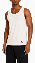 White ribbed slim fit tank top for men with LaFrancé logo, styled on a male model against a clean white background.