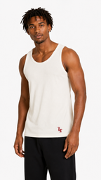 White ribbed slim fit tank top for men with LaFrancé logo, styled on a male model against a clean white background.