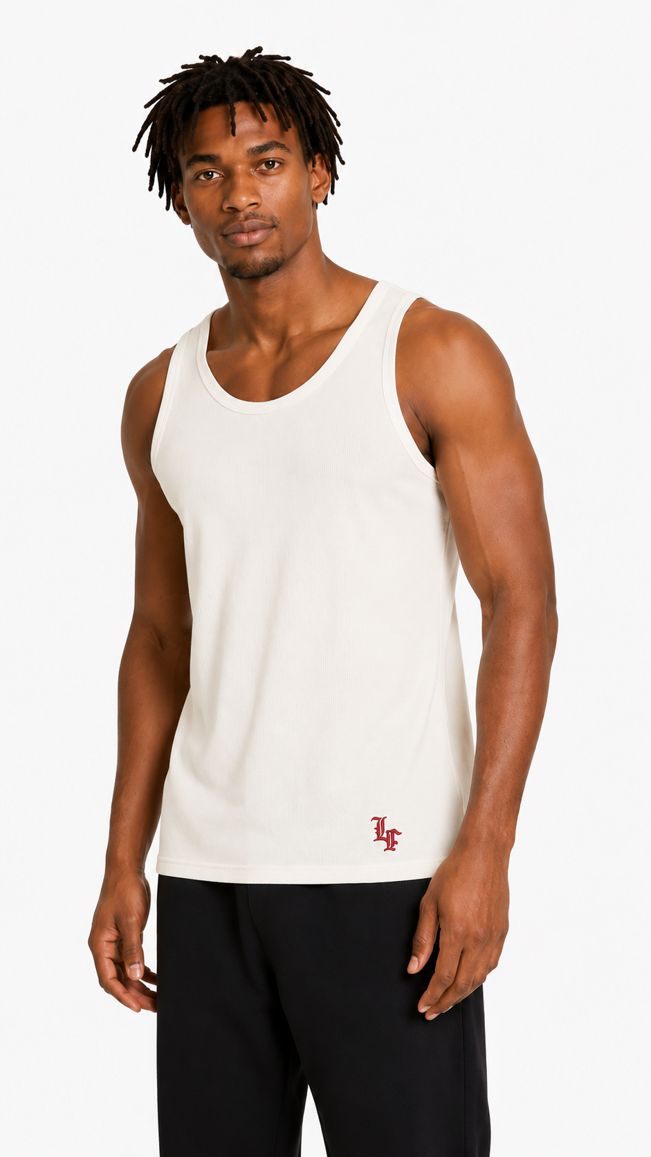 White ribbed slim fit tank top for men with LaFrancé logo, styled on a male model against a clean white background.