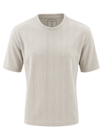 A short-sleeve crewneck ribbed knit t-shirt in a light beige color, shown on a plain white background.