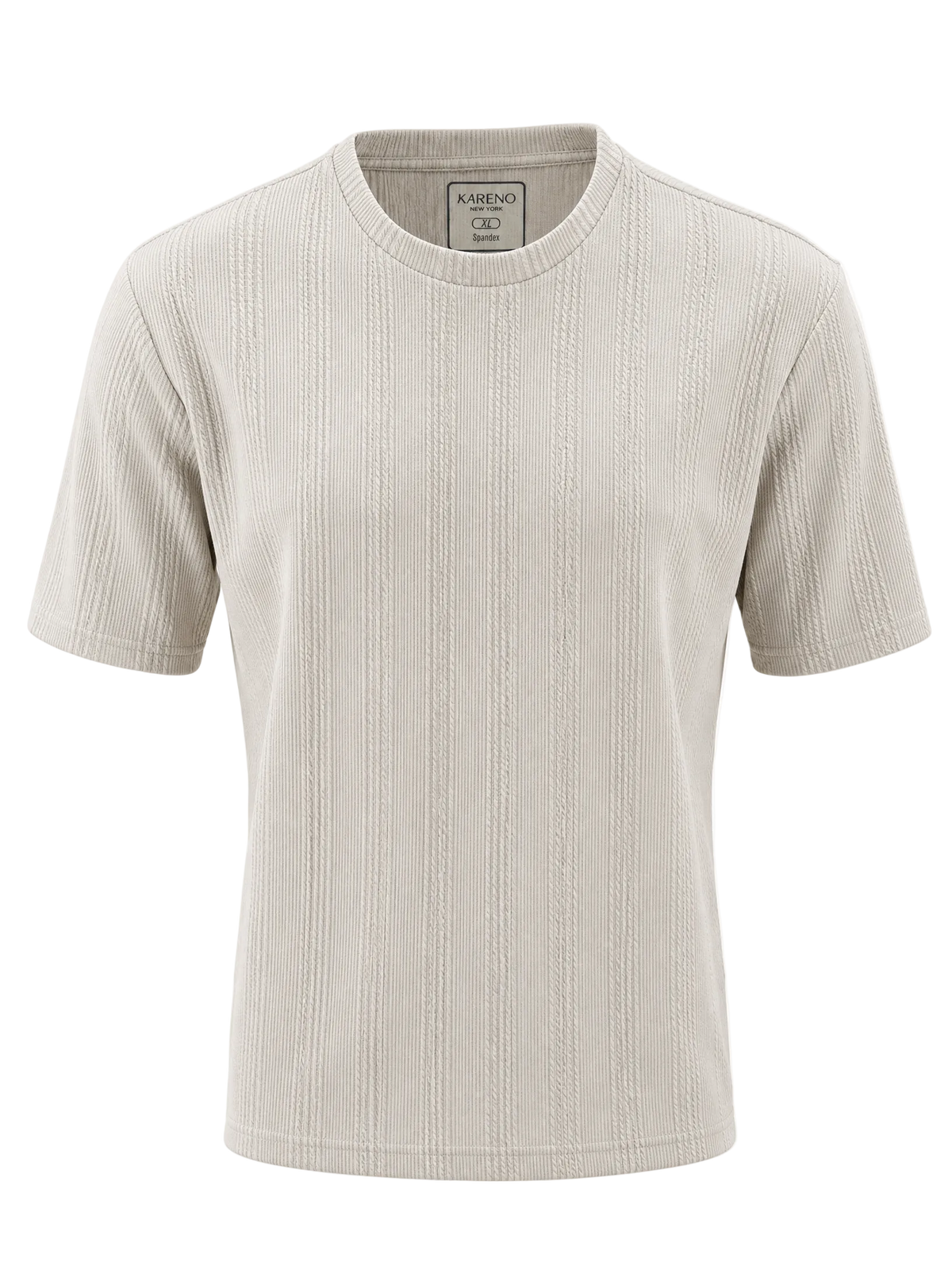 A short-sleeve crewneck ribbed knit t-shirt in a light beige color, shown on a plain white background.