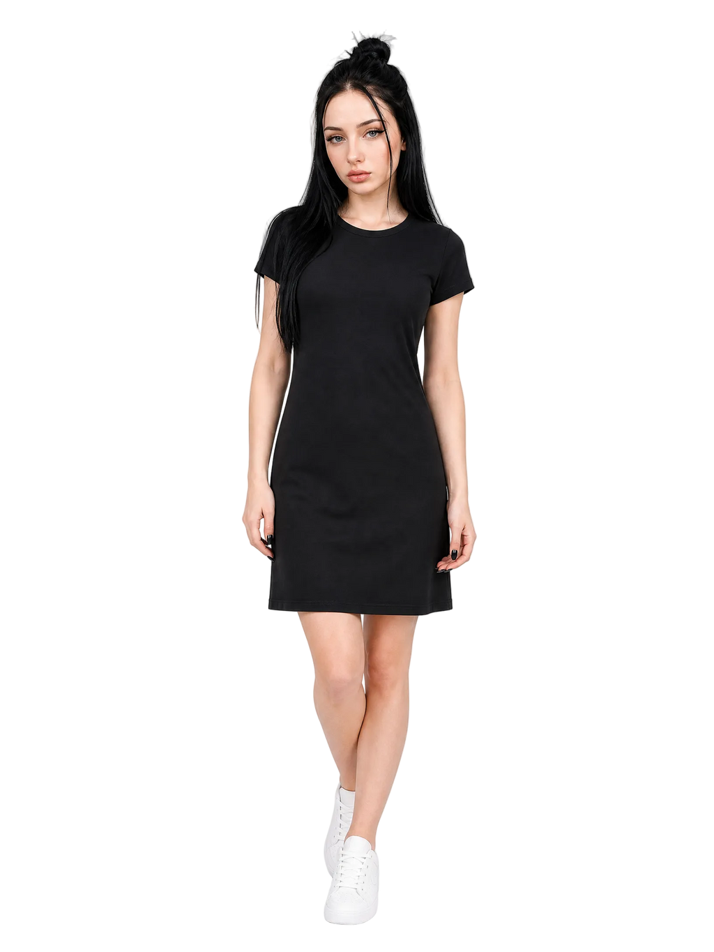 A woman modeling a black short-sleeve mini dress with white sneakers against a light gray studio background.
