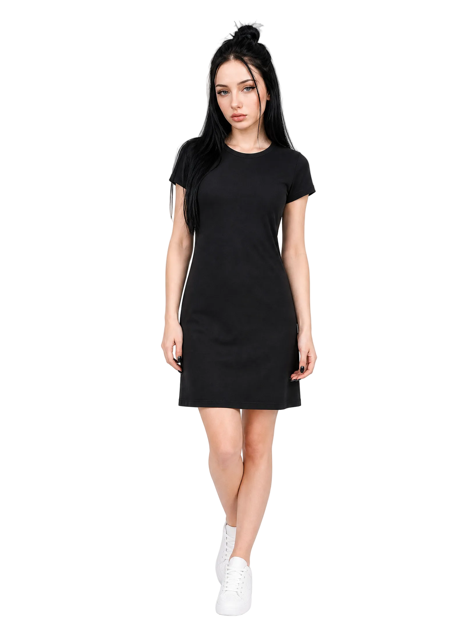 A woman modeling a black short-sleeve mini dress with white sneakers against a light gray studio background.