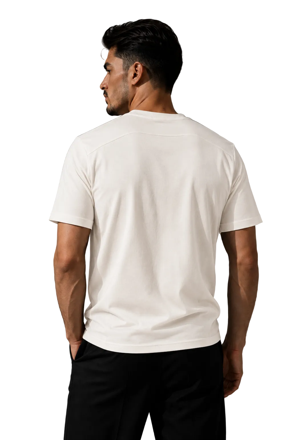 A man wearing a plain white short-sleeve t-shirt and black pants, shown from the back against a gray studio background.