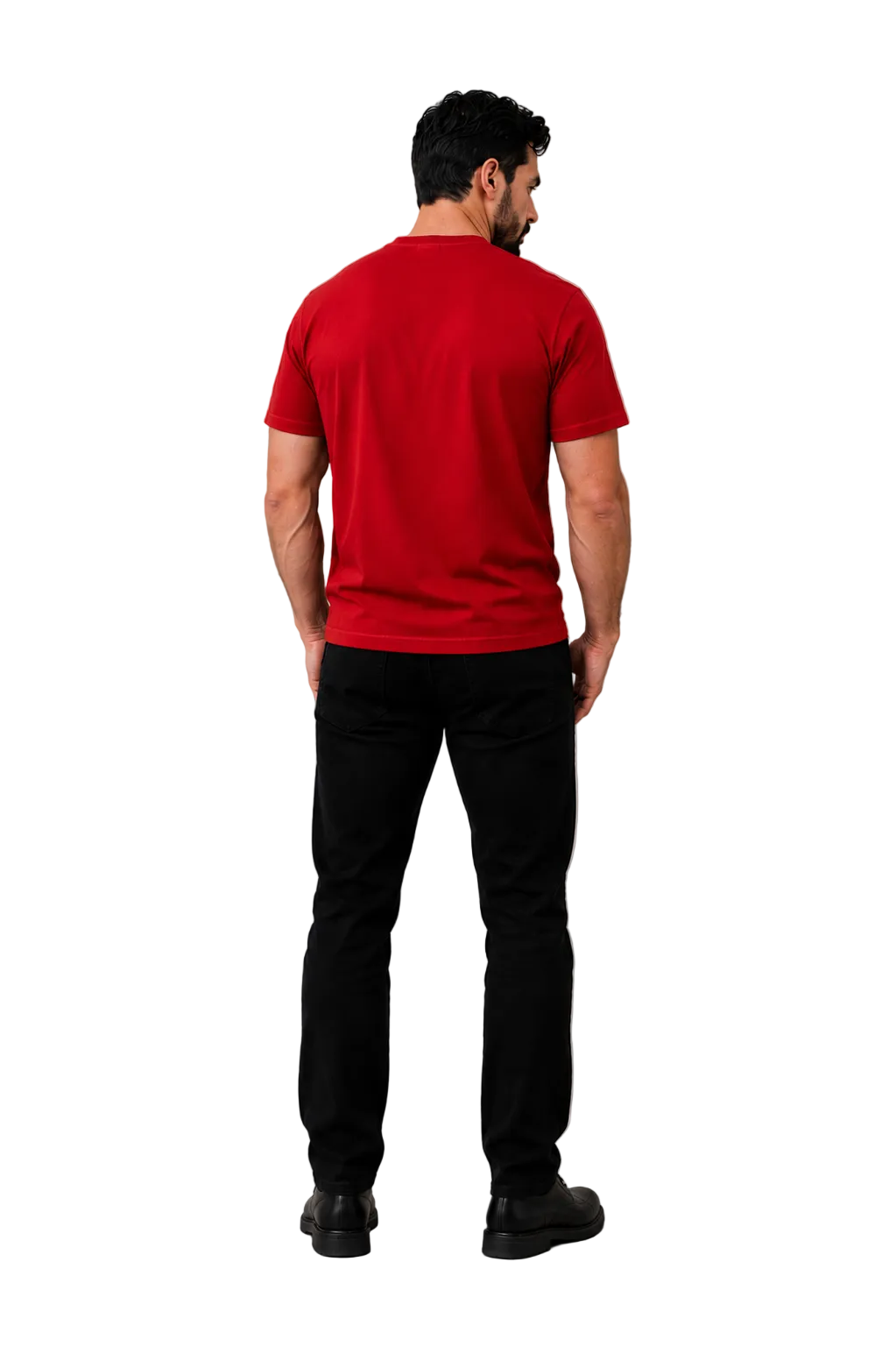 A man viewed from behind wearing a solid red short-sleeve t-shirt and black pants, standing against a neutral gray studio background with soft shadows.