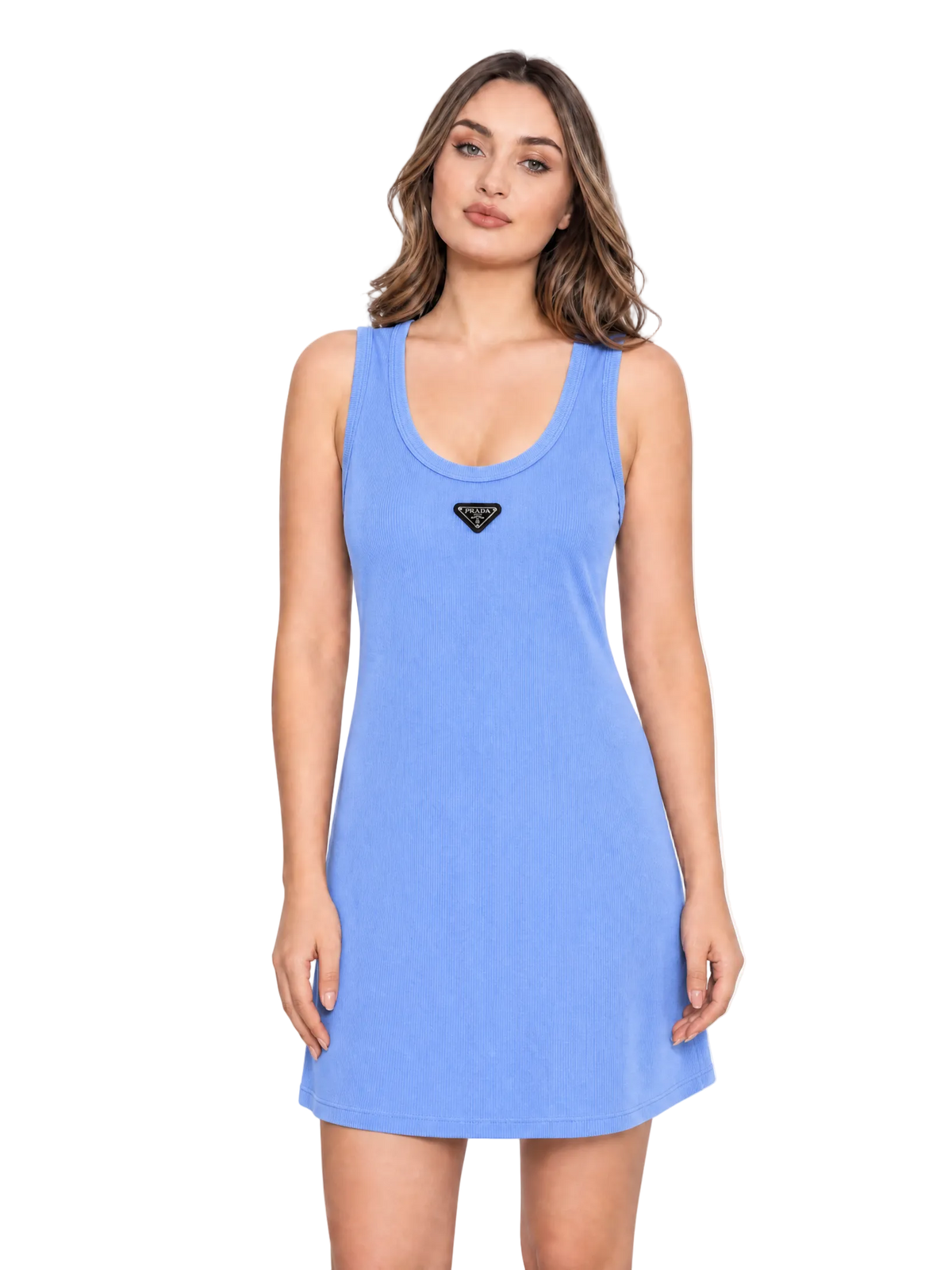 A woman modeling a light blue sleeveless scoop-neck dress with a small black embroidered logo on the chest, set against a plain white studio background.