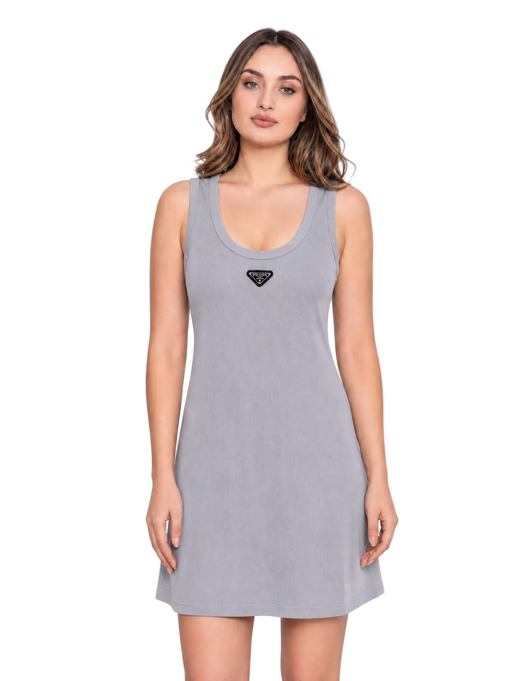 A woman modeling a light gray sleeveless scoop-neck dress with a small black diamond-shaped logo patch on the chest, set against a plain white studio background.