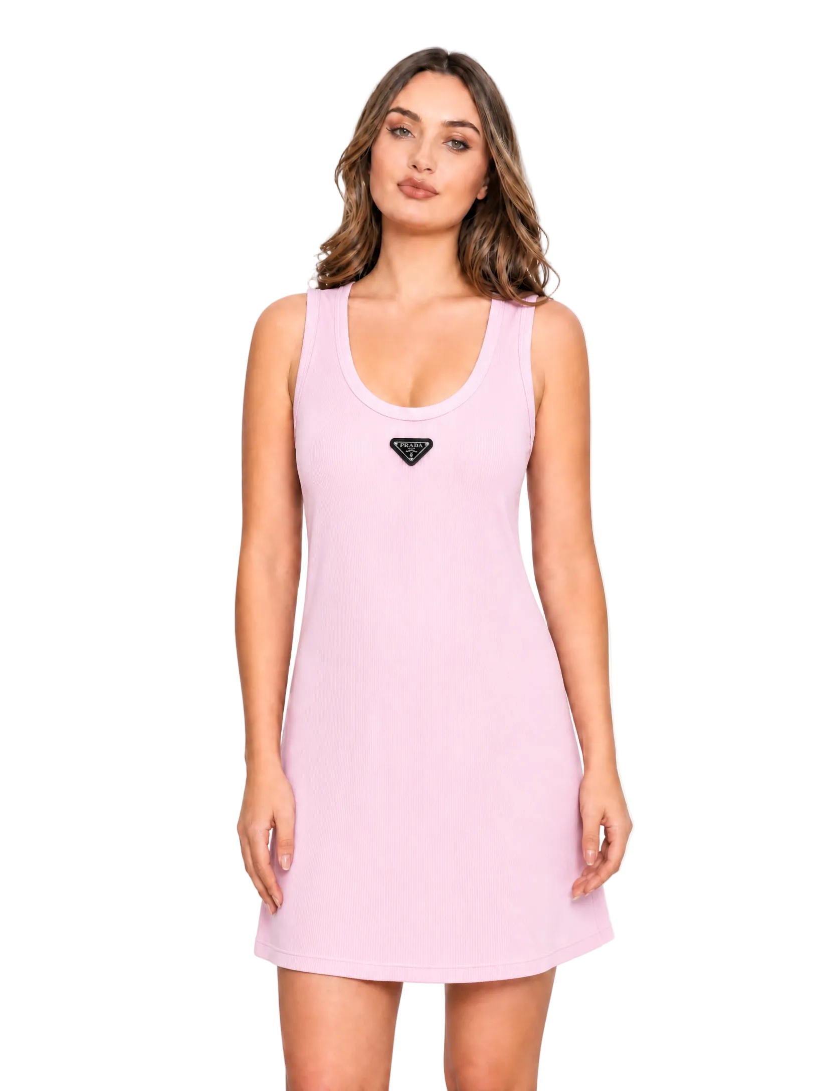 A woman modeling a light pink sleeveless scoop-neck dress with a small black diamond-shaped logo patch on the chest, set against a plain white studio background.