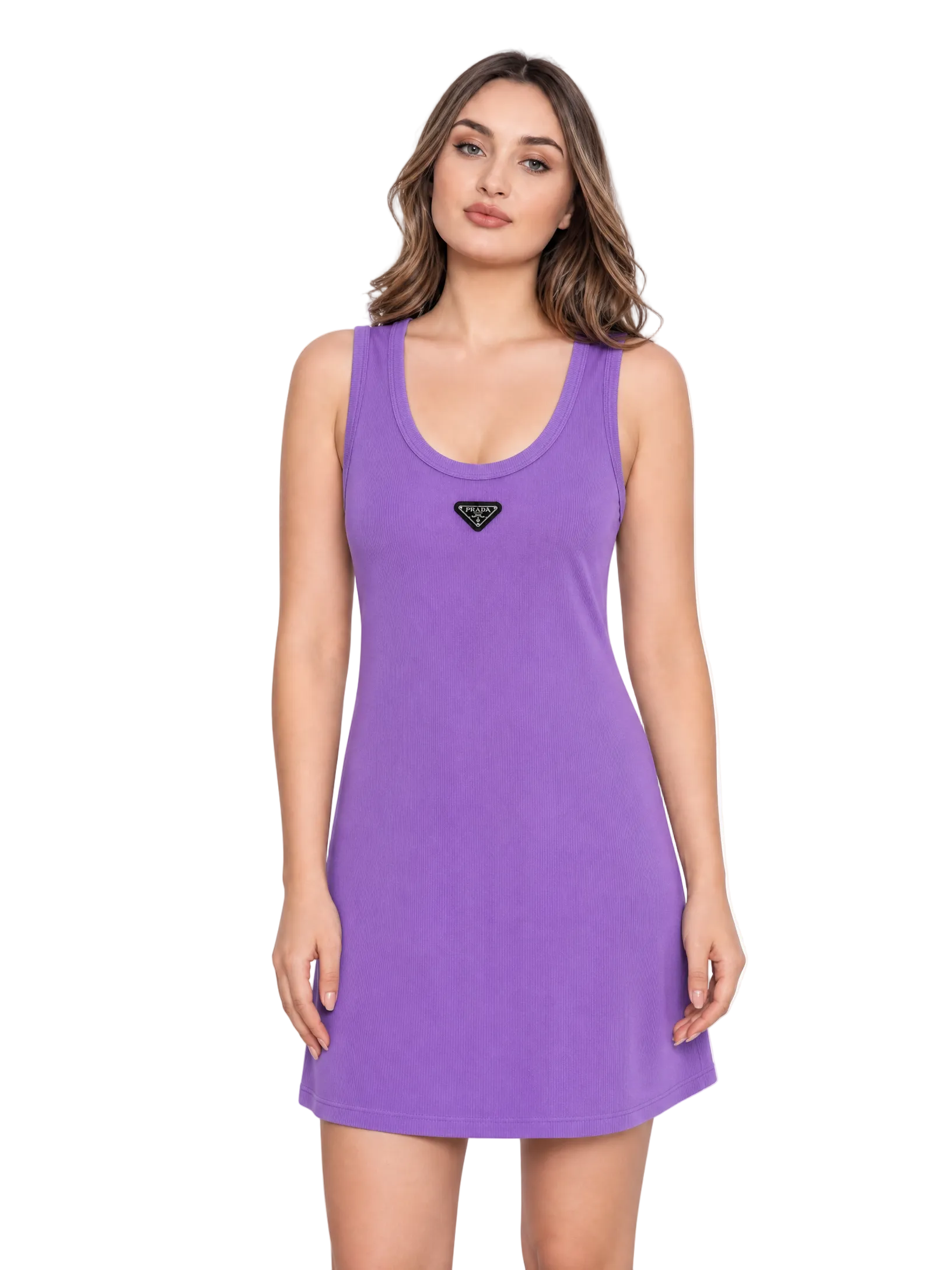 A woman modeling a sleeveless purple scoop-neck dress with a small black diamond-shaped logo patch on the chest, set against a plain white studio background.