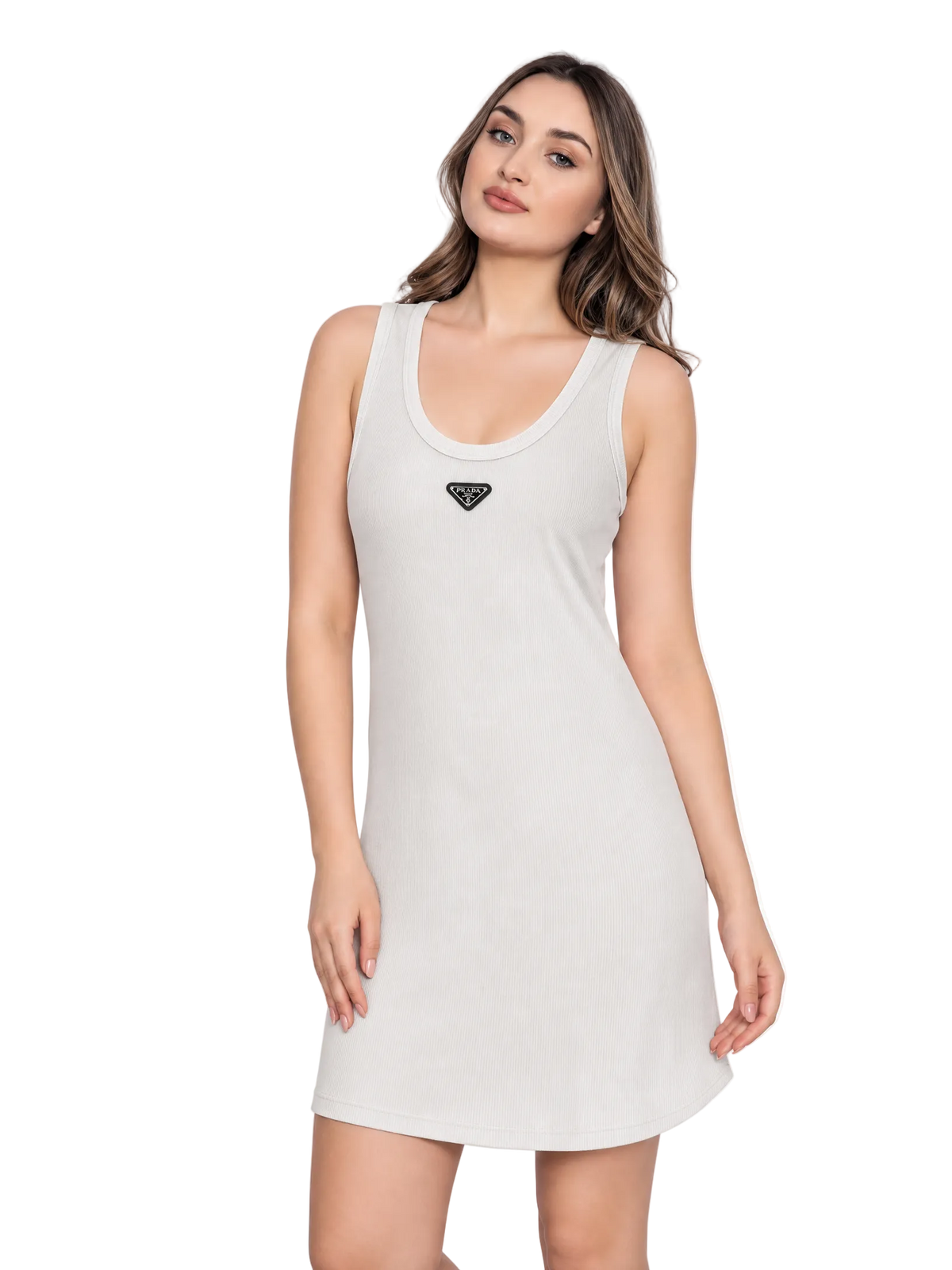 A woman modeling a light gray ribbed tank dress with a small black triangle logo on the chest, set against a plain white studio background.